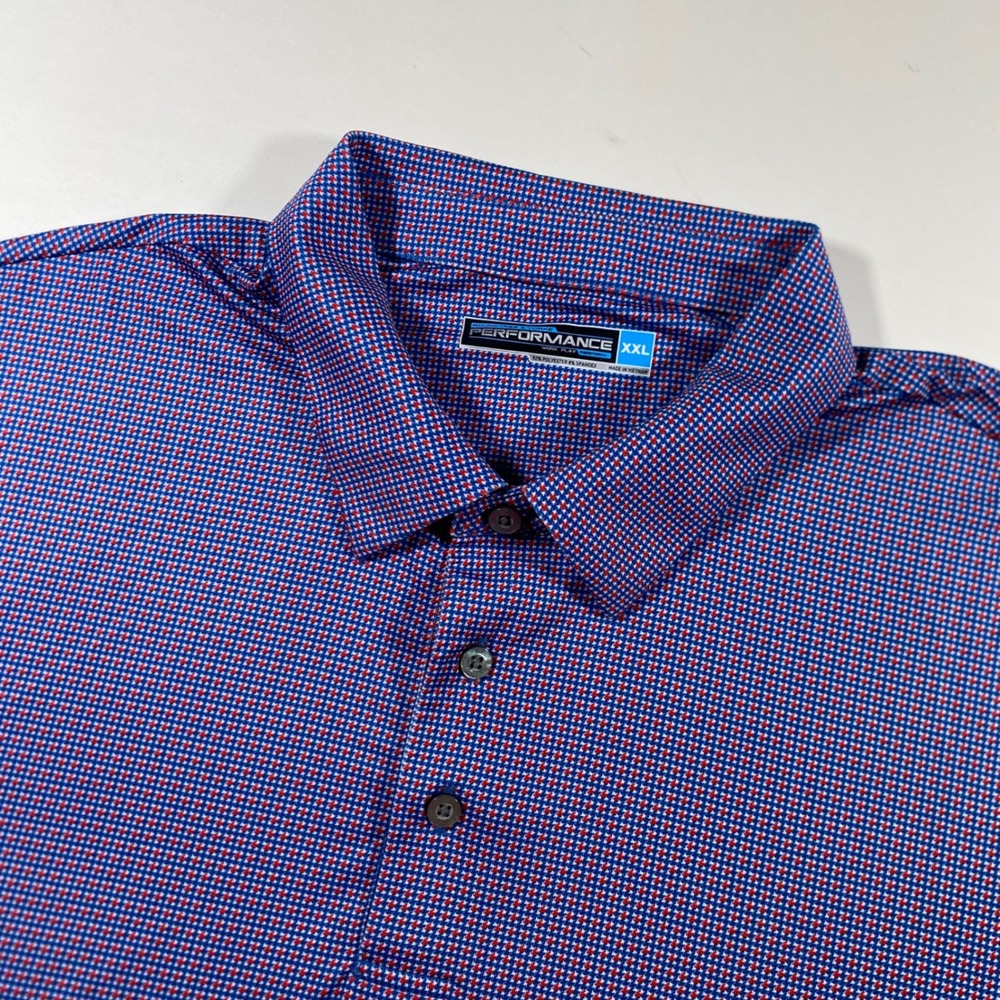 Roundtree & Yorke Performance Polo Shirt Men XXL Blue Red Micro Houndstooth W206